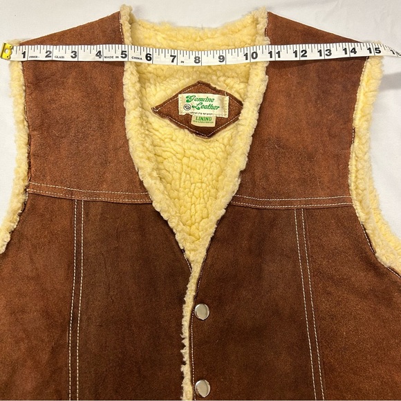 Vintage Genuine Suede Leather Faux Sherpa Vest Snaps Pockets Brown Unisex Large - Picture 10 of 16